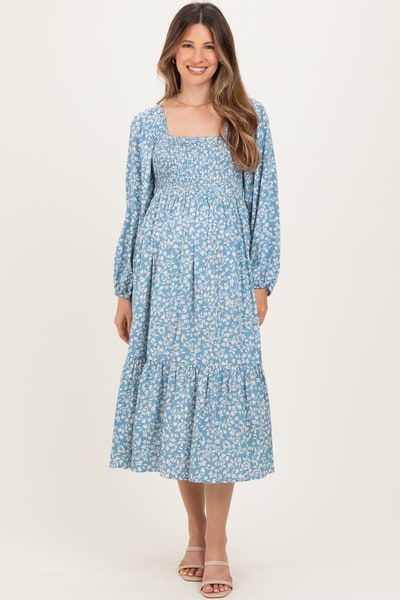 PinkBlush Dusty Blue Floral Square Neck Maternity Maxi Dress