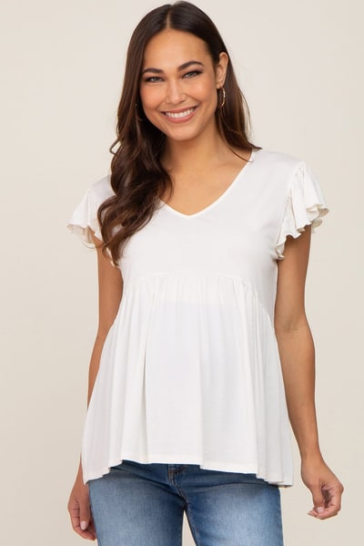 PinkBlush White Flutter Sleeve V-Neck Maternity Top