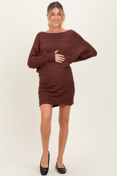 PinkBlush Brown Cable Knit Dolman Sleeve Maternity Sweater Mini Dress