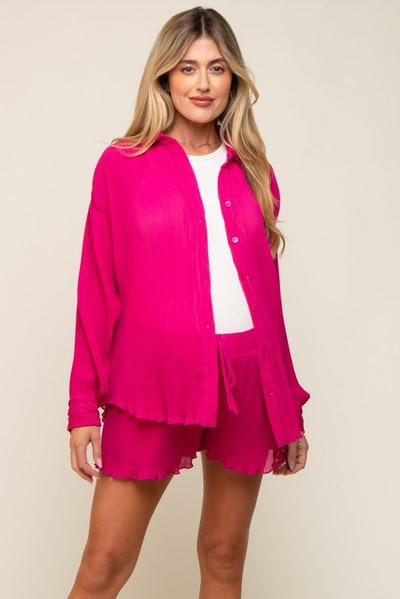 PinkBlush Fuchsia Pleated Long Sleeve Maternity Short Set