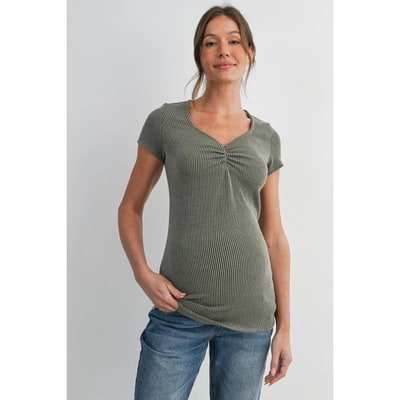 Target Hello Miz Women's Fitted Ribbed Short Sleeve Sweetheart Neck Maternity Top - Olive - Medium