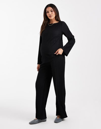 ASOS Mamalicious Maternity wide leg plissé pants in black - part of a set