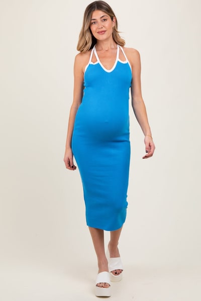 PinkBlush Aqua Contrast Trim Keyhole Cutout Maternity Midi Dress