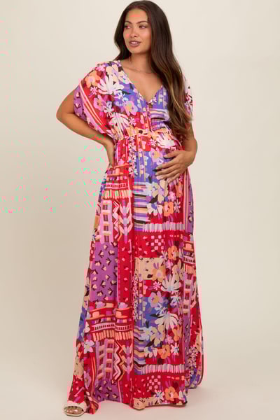 PinkBlush Red Mixed Print Bell Sleeve Maternity Maxi Dress