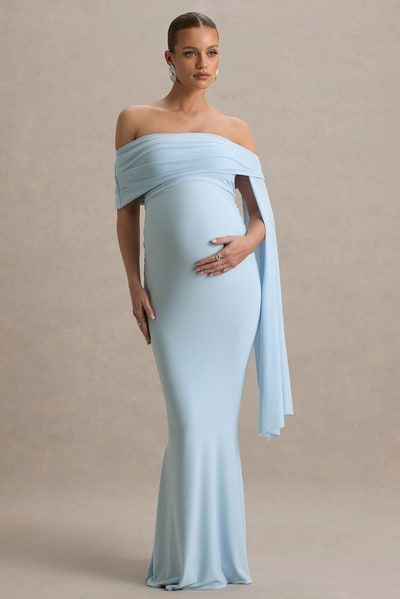 Club L London Aquila | Powder Blue Bardot Maternity Maxi Dress With Draped Detail