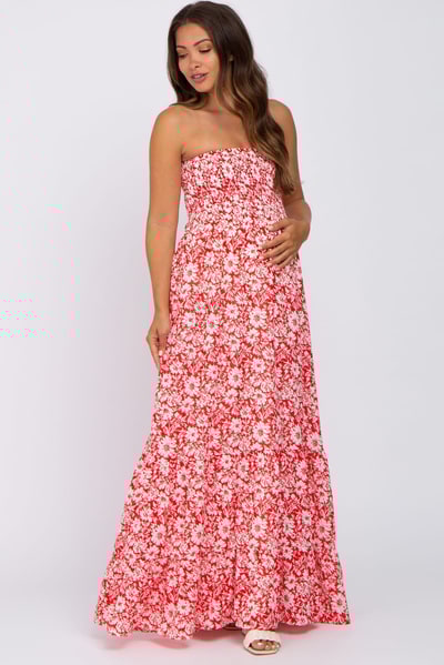 PinkBlush Red Floral Strapless Smocked Maternity Maxi Dress