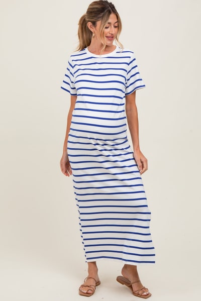 PinkBlush Blue Striped Side Slit Maternity Maxi Dress