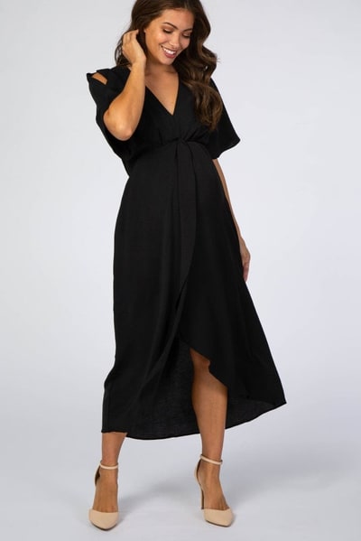 PinkBlush Black Open Sleeve Maternity Wrap Midi Dress