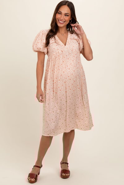 PinkBlush Peach Floral Puff Sleeve Maternity Midi Dress