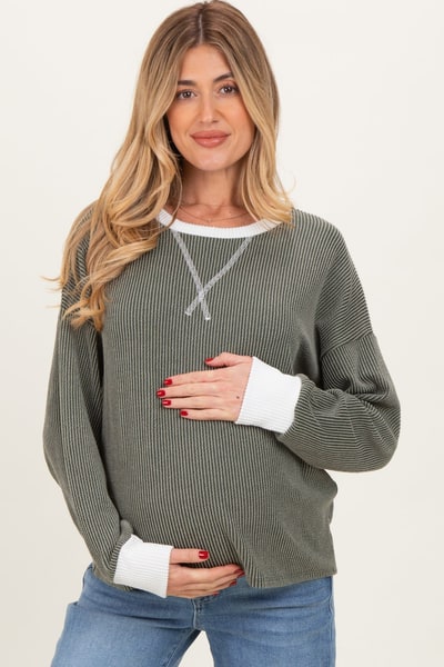 PinkBlush Olive Textured Rib Relaxed Fit Maternity Pullover Top