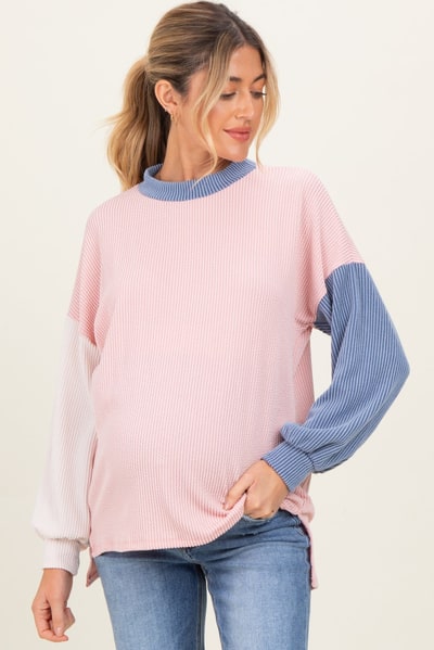 PinkBlush Pink Ribbed Colorblock Maternity Side Slit Top