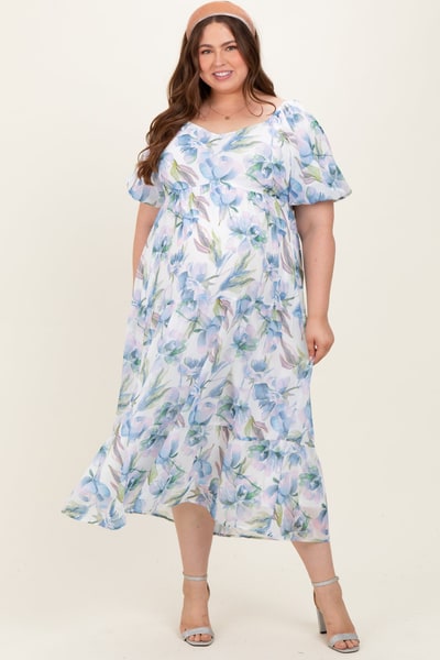 PinkBlush Blue Floral Chiffon Puff Sleeve Maternity Plus Midi Dress