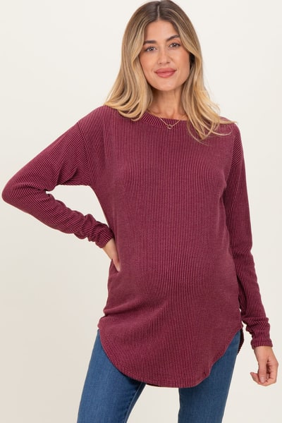 PinkBlush Burgundy Solid Ribbed Long Sleeve Maternity Tunic Top