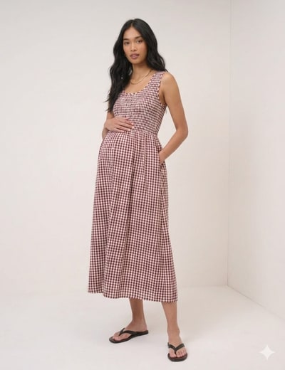 For The Creators Sleeveless Kinsley Midaxi Maternity Dress | Burgundy Gingham