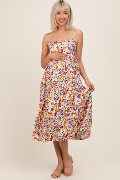 PinkBlush Ivory Floral Cami Strap Maternity Midi Dress