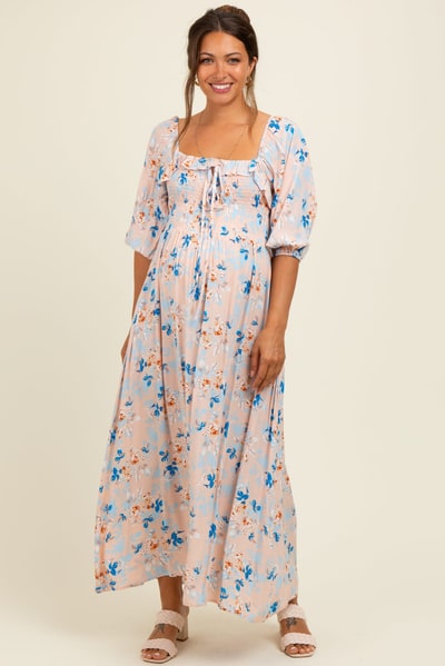 PinkBlush Peach Floral Smocked Front Tie Maternity Maxi Dress