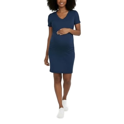 Target Women's V-Neck Short Sleeve Side Ruched Bodycon Maternity Mini Dress - Peacoat - Size: Small - Motherhood Maternity