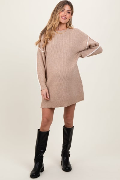 PinkBlush Beige Turtleneck Colorblock Contrast Trim Maternity Sweater Dress