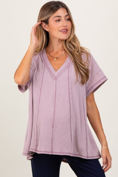 PinkBlush Mauve Striped Ribbed V-Neck Oversized Short Sleeve Maternity Top