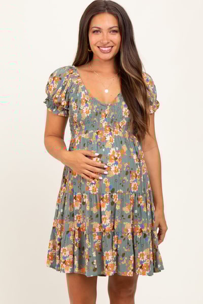 PinkBlush Olive Floral Smocked V-Neck Puff Sleeve Maternity Dress