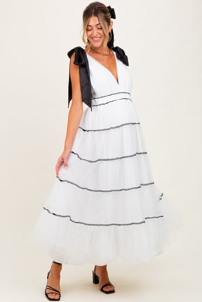 PinkBlush White Shoulder Bow Tie Lace Detail Tulle Maternity Midi Dress