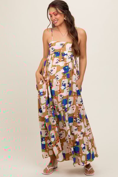 PinkBlush Taupe Leaf Print Open Lace-Up Back Maternity Maxi Dress