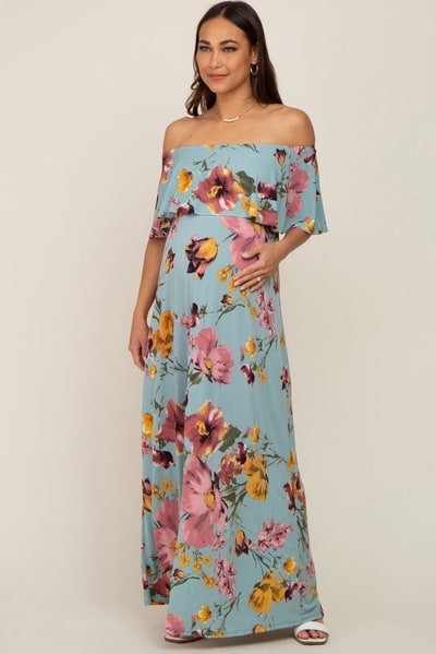 PinkBlush Mint Green Floral Off Shoulder Maternity Maxi Dress
