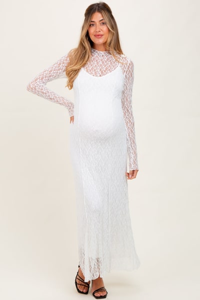 PinkBlush White Lace Mock Neck Long Sleeve Maternity Maxi Dress