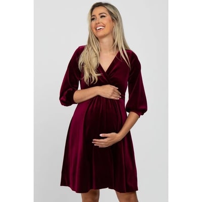 Target Pinkblush Burgundy Velvet Wrap Front Babydoll Maternity Dress Medium