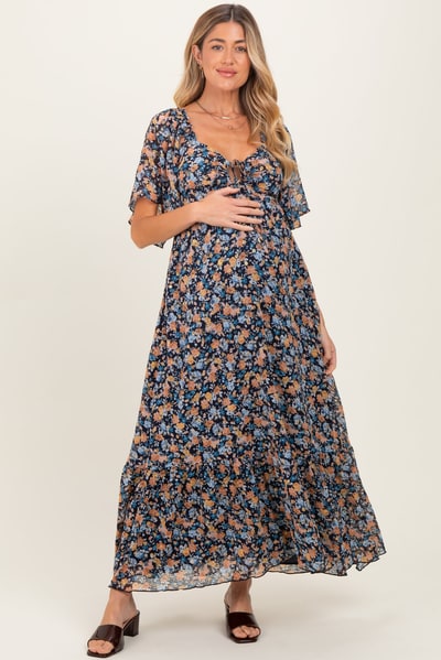 PinkBlush Navy Floral Sweetheart Neck Flutter Sleeve Maternity Maxi Dress