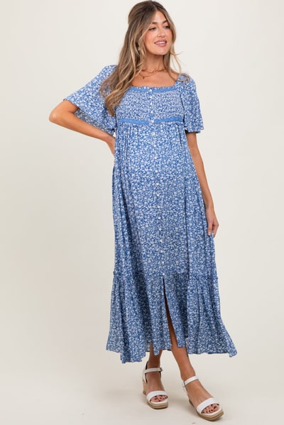 PinkBlush Navy Floral Button Front Maternity Midi Dress