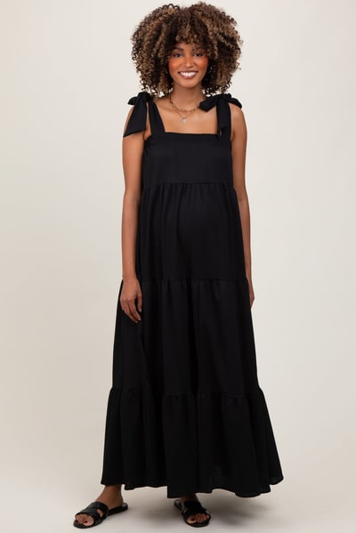 PinkBlush Black Shoulder Tie Tiered Maternity Maxi Dress