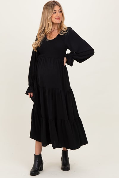 PinkBlush Black Smocked Tiered Long Sleeve Maternity Maxi Dress
