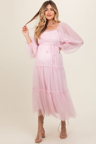 PinkBlush Pink Mesh Tiered Long Sleeve Maternity Maxi Dress