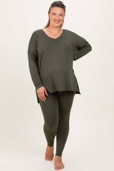 PinkBlush Olive Brushed Knit Oversized Top and Legging Maternity Plus Set