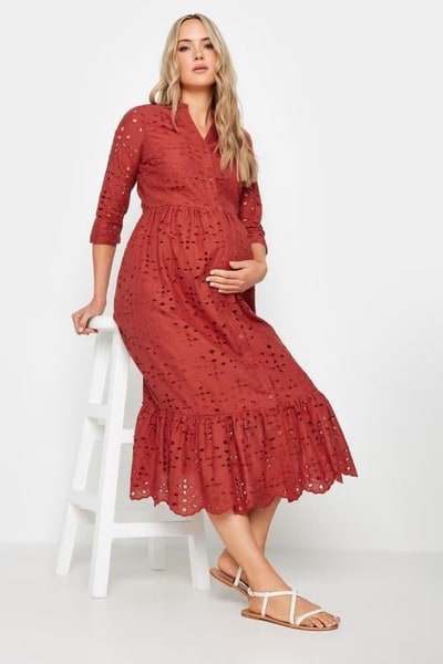 Yours Clothing LTS Tall Maternity Rust Orange Broderie Anglaise Midi Dress