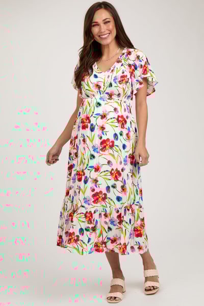 PinkBlush Ivory Floral Flutter Sleeve Smocked Maternity Midi Dress