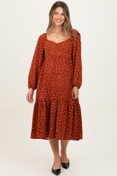 PinkBlush Rust Polka Dots Sweetheart Neck Maternity Midi Dress