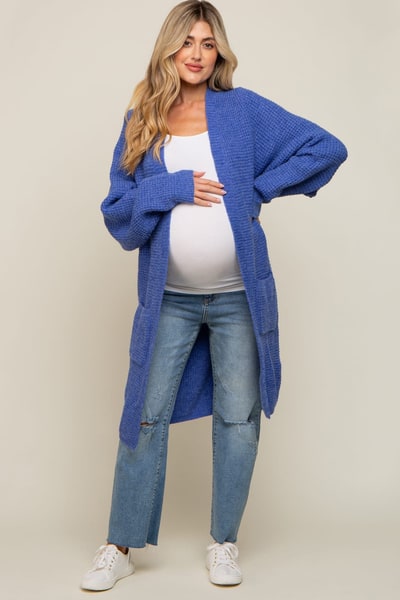 PinkBlush Blue Chunky Waffle Knit Maternity Cardigan