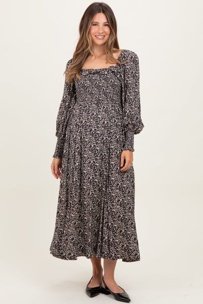 PinkBlush Navy Smocked Ruffled Floral Maternity Maxi Dress