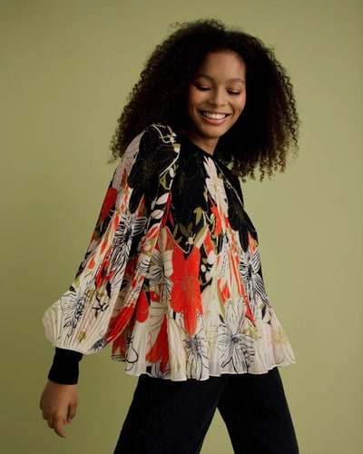 For The Creators Pleated Blouson Sleeve Top