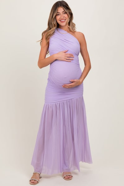 PinkBlush Lavender Ruched Mesh One Shoulder Maternity Maxi Dress