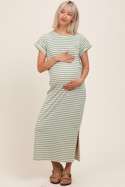 PinkBlush Olive Striped Maternity Midi T-Shirt Dress