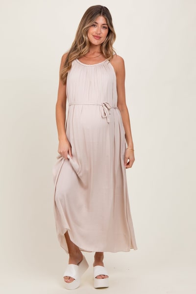 PinkBlush Cream Braided Neckline Maternity Maxi Dress