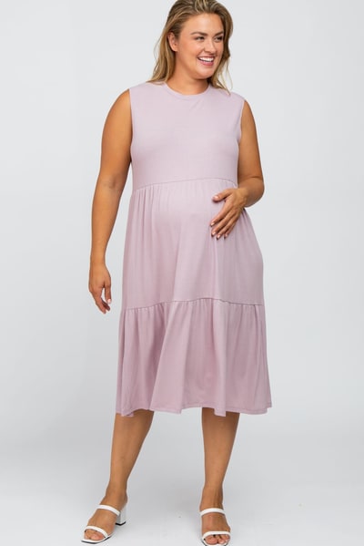 PinkBlush Lavender Ribbed Sleeveless Plus Maternity Midi Dress