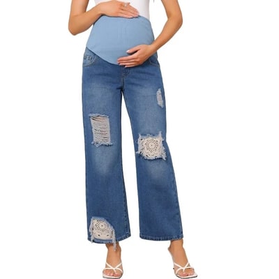 Target INSPIRE CHIC Women's Maternity Jeans Ripped Distressed Lace Patchwork Over the Belly Support Pregnancy Denim Pants X-Large Blue