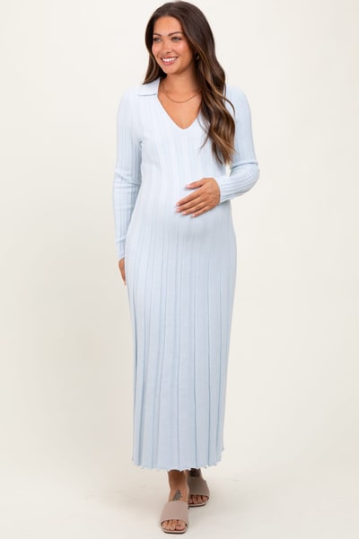 PinkBlush Light Blue Wide Ribbed Knit Collared Maternity Midi Dress