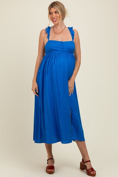 PinkBlush Blue Ruffle Strap Cutout Tie Back Maternity Midi Dress