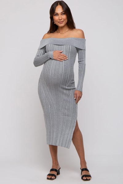 PinkBlush Grey Metallic Ribbed Side Slit Off Shoulder Maternity Midi Dress