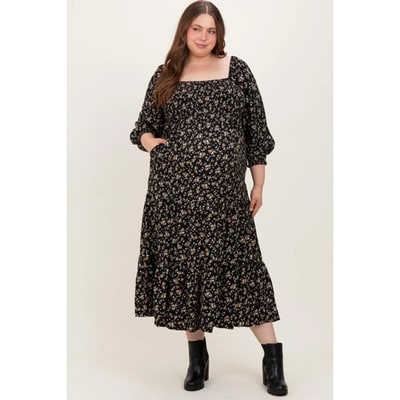 Target Pinkblush Black Floral Smocked Long Sleeve Maternity Plus Maxi Dress 3X